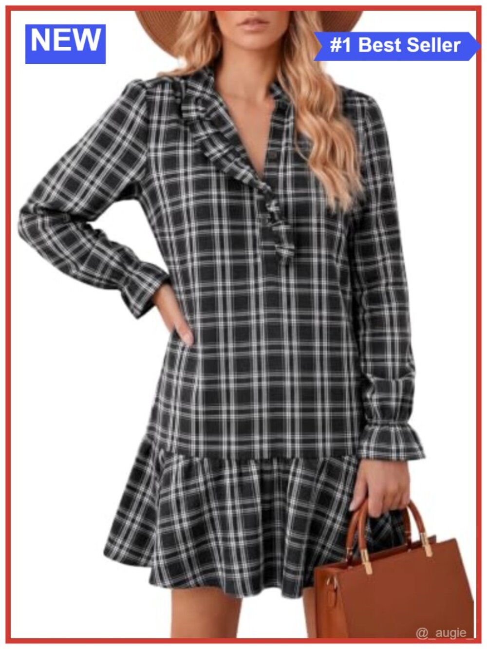 Women's Plaid Shift Dress Long Sleeve Ruffled Button Down Bow Tie